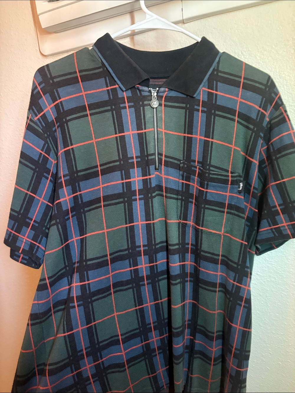 Stussy Green and Blue Plaid Short Sleeve Polo with Red Grid